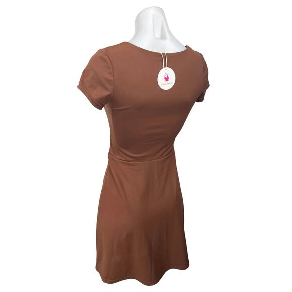 NEW Casly Lamiit Brown Square Neck Short Sleeve Mini Jersey A-Line Dress Size S - Picture 2 of 4